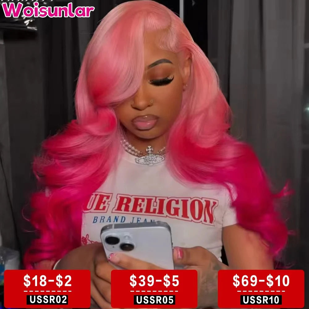 36 Inches Ombre Pink Front Lace Wigs Human Hair 13X4 13x6 Transparent Lace Body Wave Hair 180% For Women Human Hair Wigs 100%