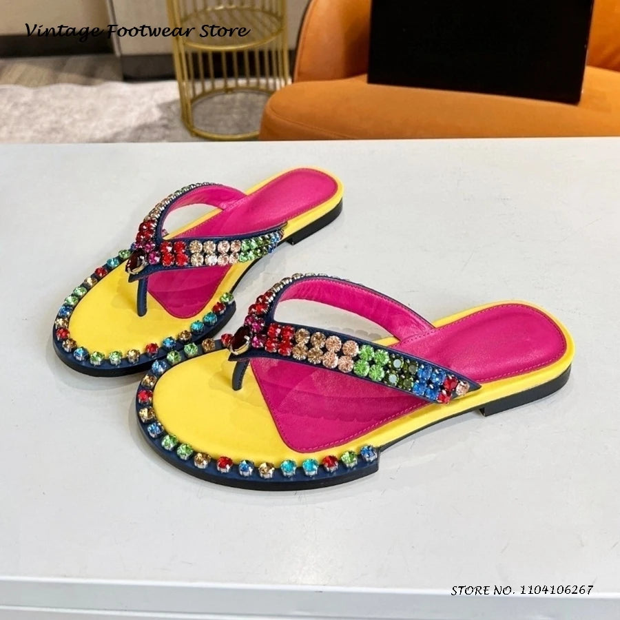 Colorful Crystal Embellished Flat Flip Flops for Women