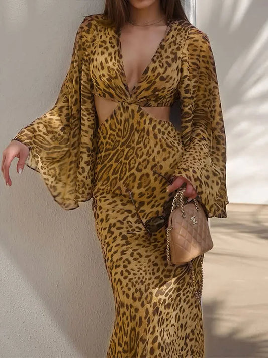 Autumn New Women's Dresses Fashion Leopard Print Casual Slim Long Sleeves Dress Sexy Hollow Out Backless V-neck Dresses Clothing