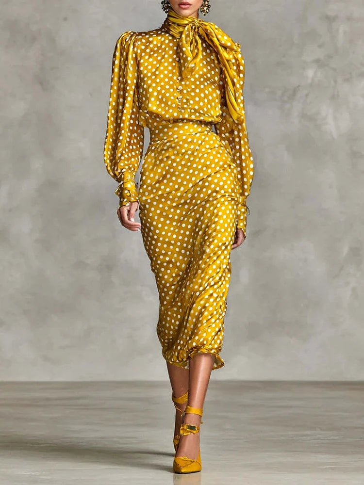 Elegant Polka Dot Long Sleeve Two Piece Skirt Set for Women