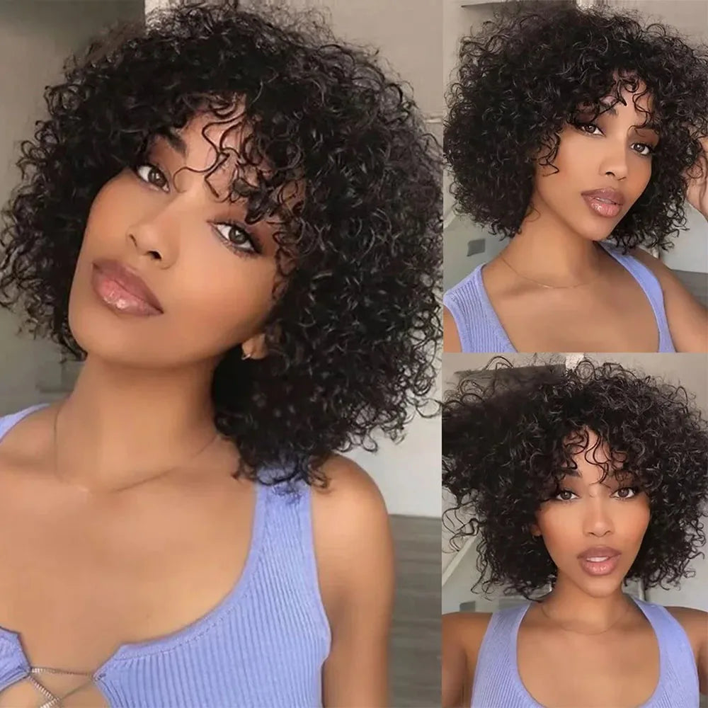 Short Curly Bob Human Hair Wig With Bangs for Women
