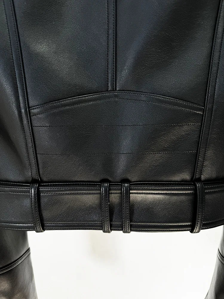 Double Breasted Faux Leather Motorcycle Jacket for Women