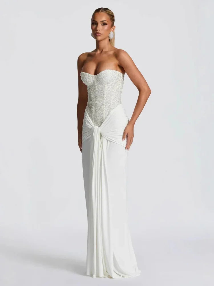 Solid Sexy Strapless Sequin Patchwork Dress Women Sleeveless Backless Cinched-waist Pleated Maxi Dresses Lady Party Evening Gown