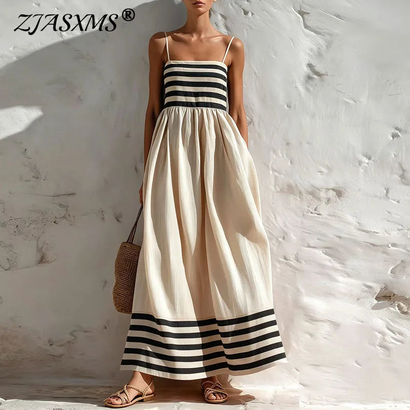 Striped Square Neck Backless A-Line Maxi Dress for Women