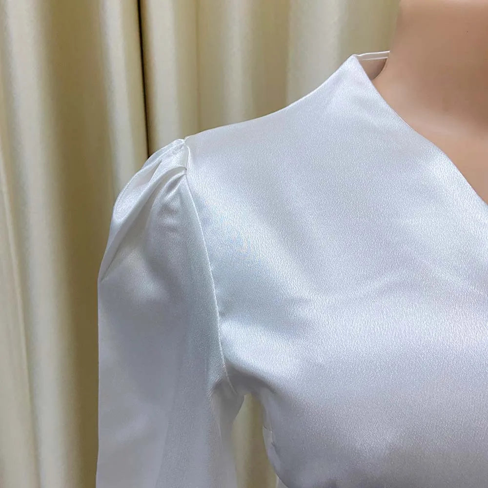 Office Blouse for Women Elegant Stylish V Neck Full Sleeve Front Split Solid Satin Luxury African Party Dinner Occasion Shirts