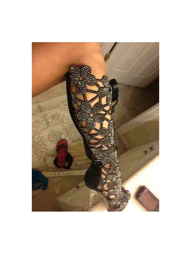 Rhinestone Stiletto Knee High Boots