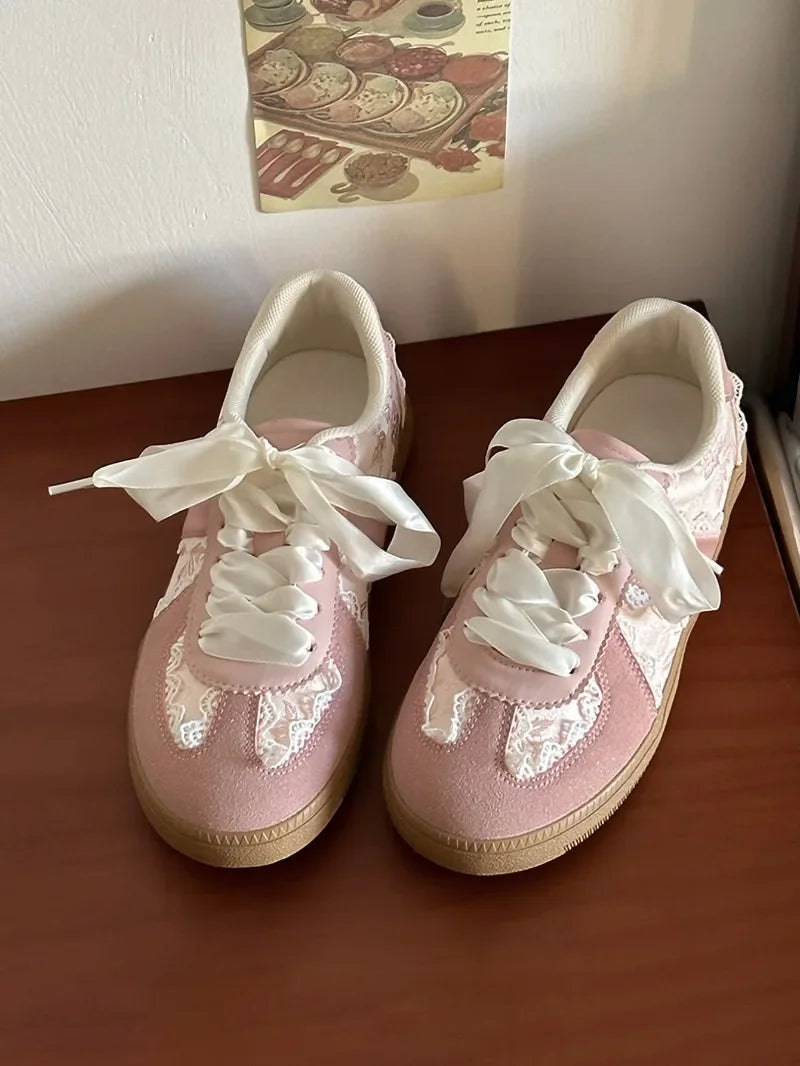 Cream French Lace Satin Ribbon Vintage Sneakers For Women