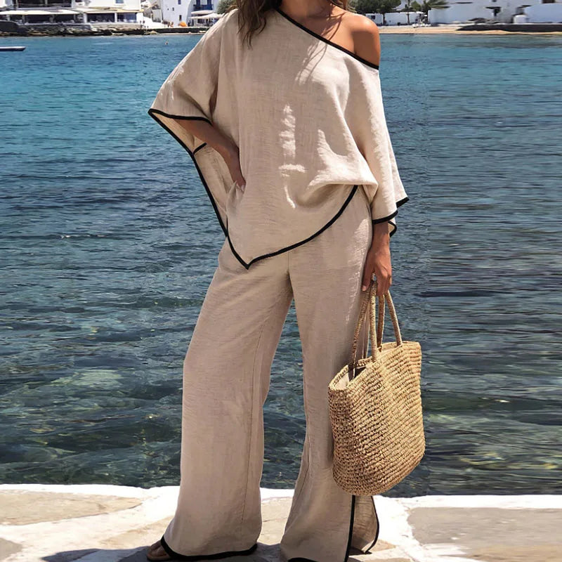 Asymmetrical Bat Sleeve Top And Pants Set for Women