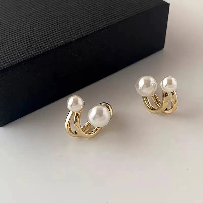 Gold Tone Pearl Geometric Stud Earrings