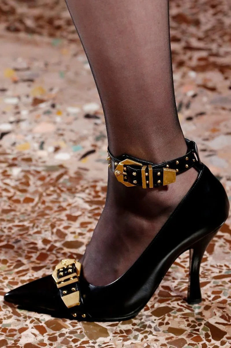Black Faux Leather Pointed Toe Rivet Buckle Stiletto Pumps For Women