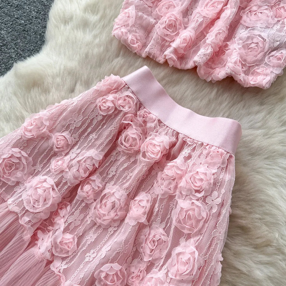 3D Floral Lace Camisole and Pleated Skirt Set for Women