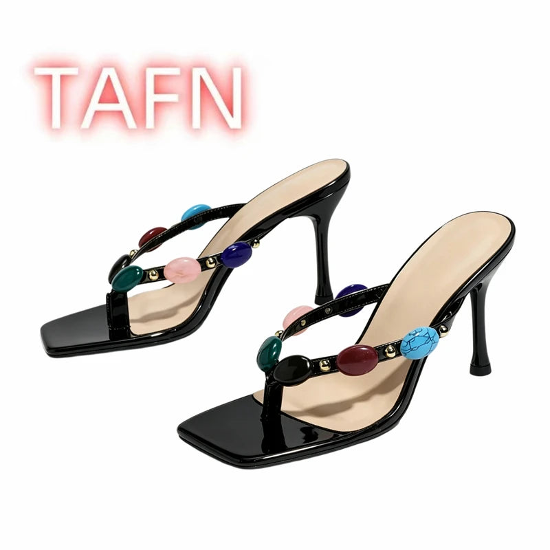 Gold Patent Beaded Square Toe Thong Mules for Women