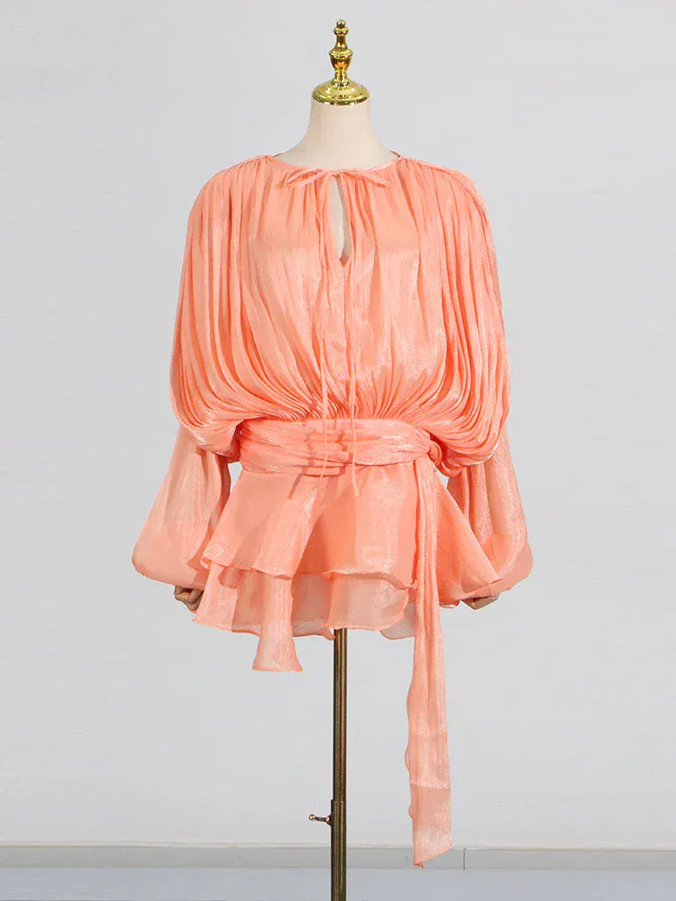 TWOTWINSTYLE Loose Solid Dresses For Women Round Neck Lantern Sleeve High Waist Spliced Fold Mini Chic Dress Female Fashion 2025