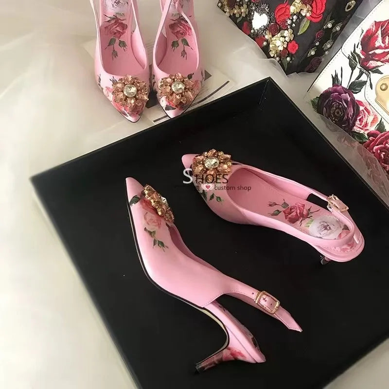 Elegant Pink Floral Rhinestone Slingback Wedding High Heels Pumps for Women