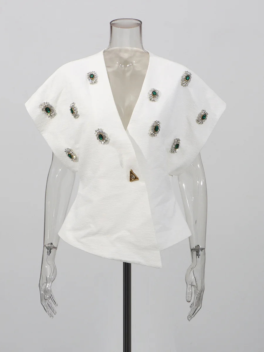 Black Diamond Encrusted Single Breasted Cropped Jacket For Women