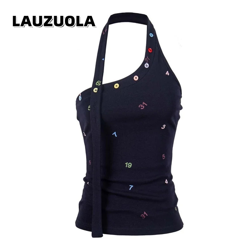 Irregular Halter Neck One Shoulder Letter Print Crop Top for Women
