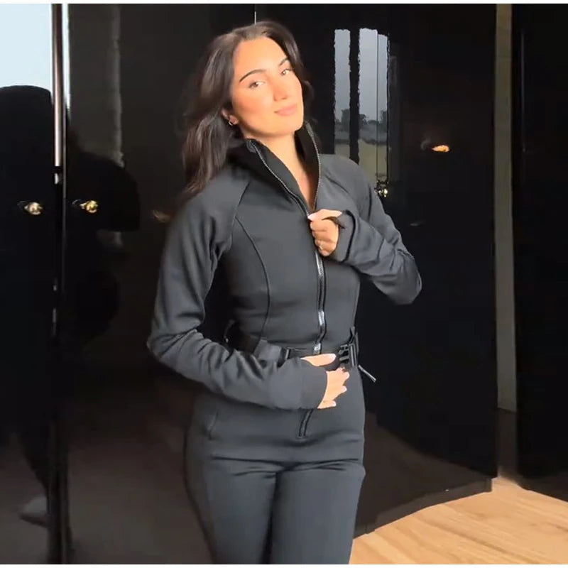 Women's Jumpsuit Loose Stand Collar Thicken Jackets Pants Sets Belt 2 Pieces Female Winter Woman Snowsuit Outfits For Outdoor