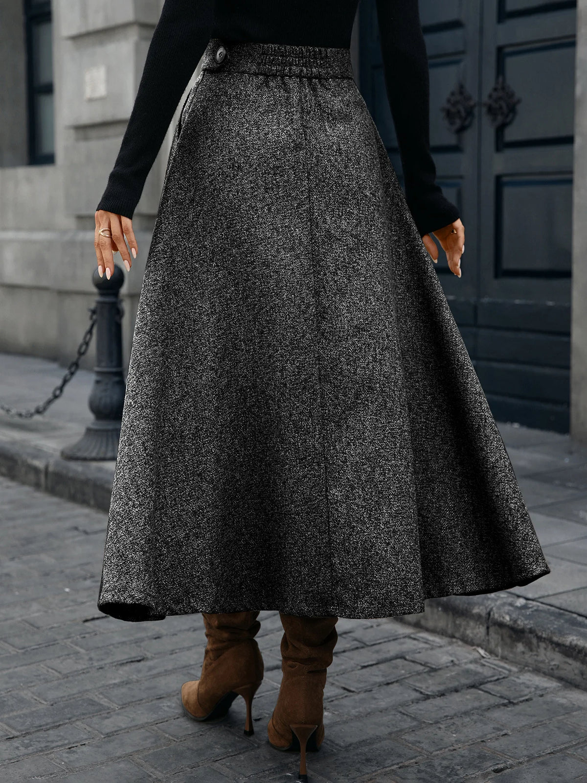 Tweed Ankle-Length A-Line Skirt with Elastic Waist for Women