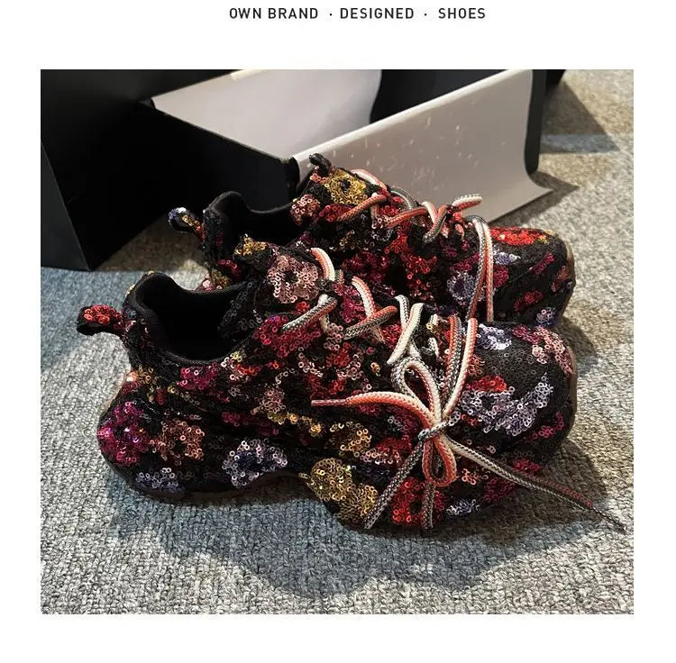 Sparkling Crystal Platform Lace Up Sneakers for Women