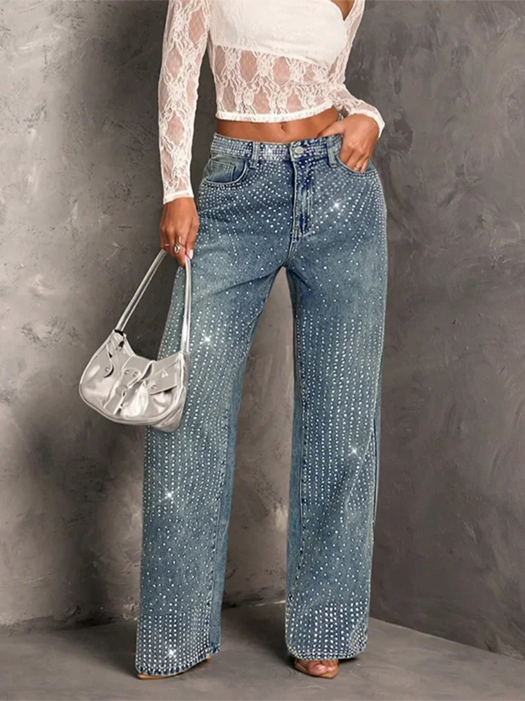 Rhinestone Decor High Waist Stretch Denim Jeans for Women
