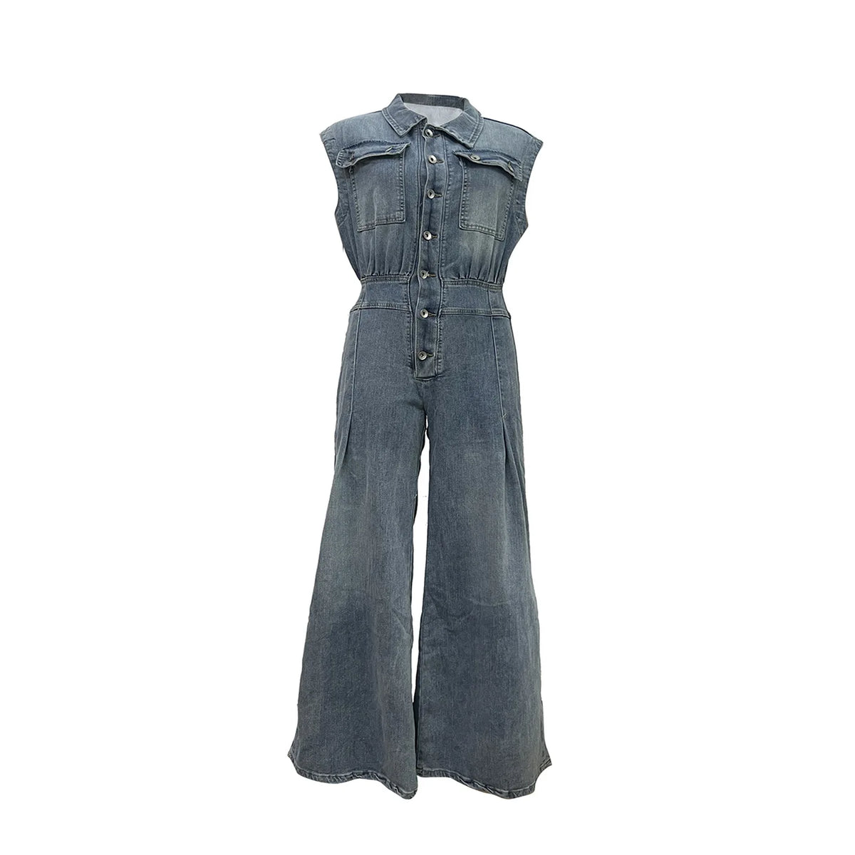 Loose Fit Wide Leg Denim Jumpsuit With Turn Down Collar for Women