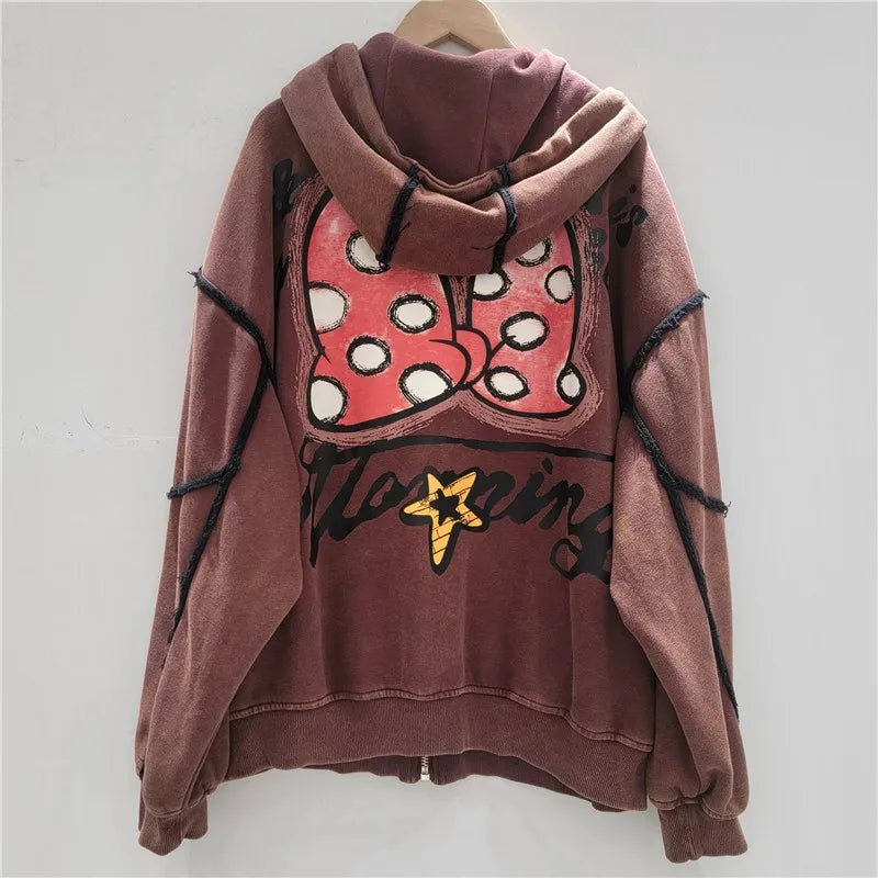 Autumn New Heavy Embroidery Cartoon Loose Coat Fashion Age-Reducing Hooded Jacket Zipper Long Sleeves Tie Top Outerwear Ladies