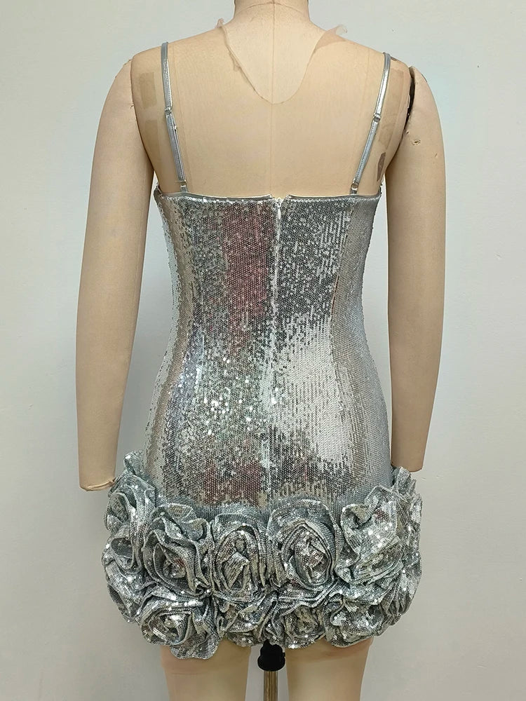 Glamorous Women's Silver Sequin Spaghetti Slip Mini Dress with Ruffled Hem Shiny Flower Party Night Club and Special Occasion