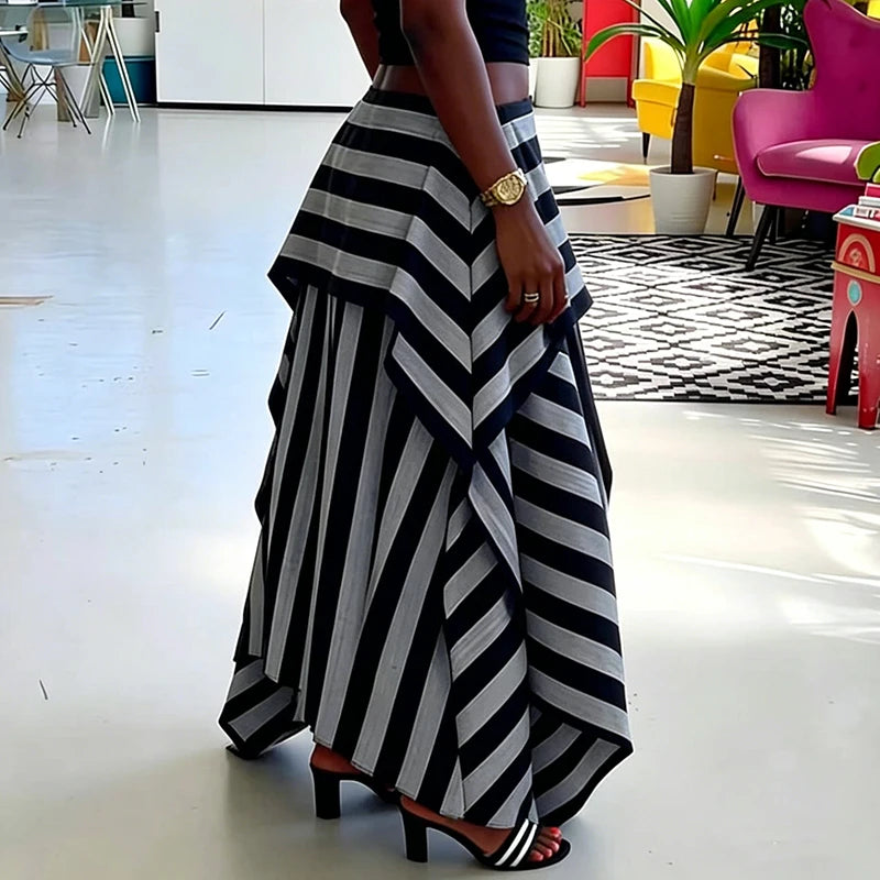 Striped Vacation Halter Backless Top and Half Skirt Set for Women