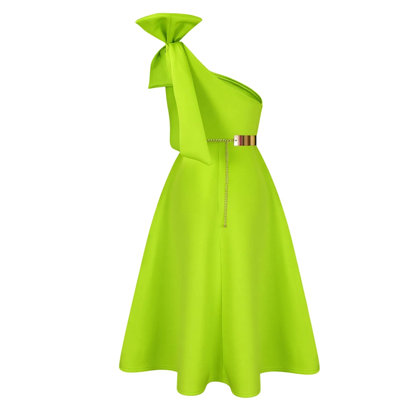 Dress One Shoulder A Line Pleated Knee Length Sleeveless Bow Belt Elegant Party Style