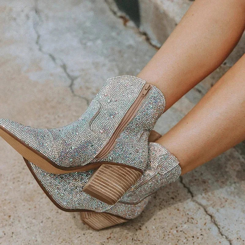 Glitter Western Ankle Boots With High Heels for Women