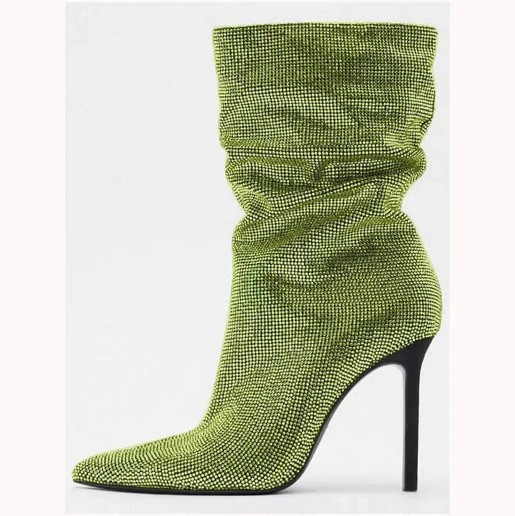 Rhinestone Embellished Pointed Toe Stiletto Boots For Women