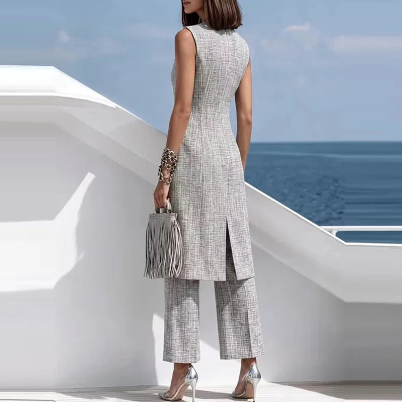 Elegant V-Neck Sleeveless Two-Piece Pants Set for Women