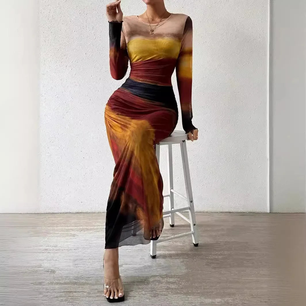 High Waist Dresses for Woman Fashion Printed Sexy Tight Fitting Slit Round Neck Dress Long Sleeves Skirt Streetwear Autumn 2024