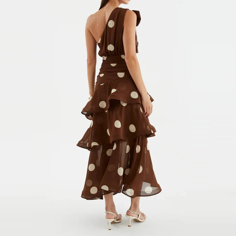 Elegant Polka Dot Ruffle Draped Maxi Dress for Women