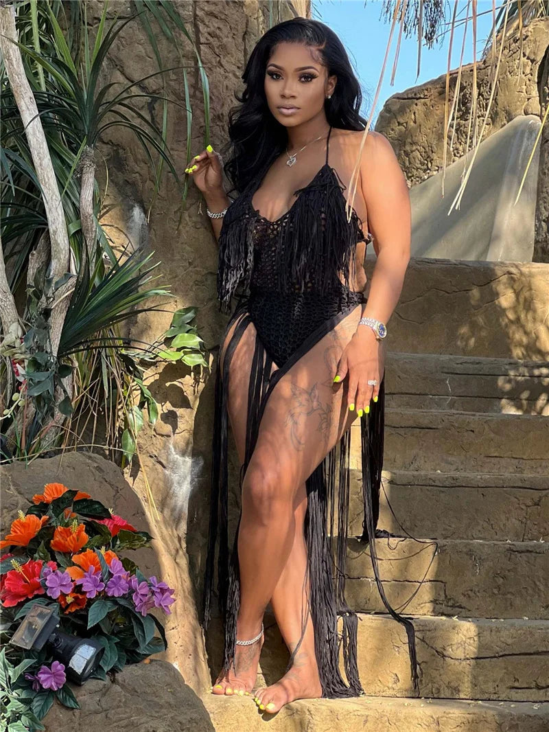 Sexy Crochet Knitted Beach Summer Dress Women Halter V-neck Tassel Backless Maxi Dress Vacation Sheer Long Dresses Swimsuit 2022