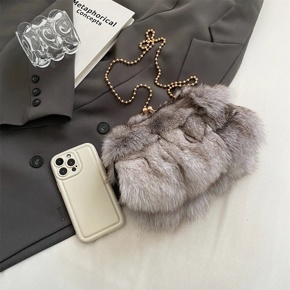 Luxurious Fox Fur Evening Clutch with Chain for Women