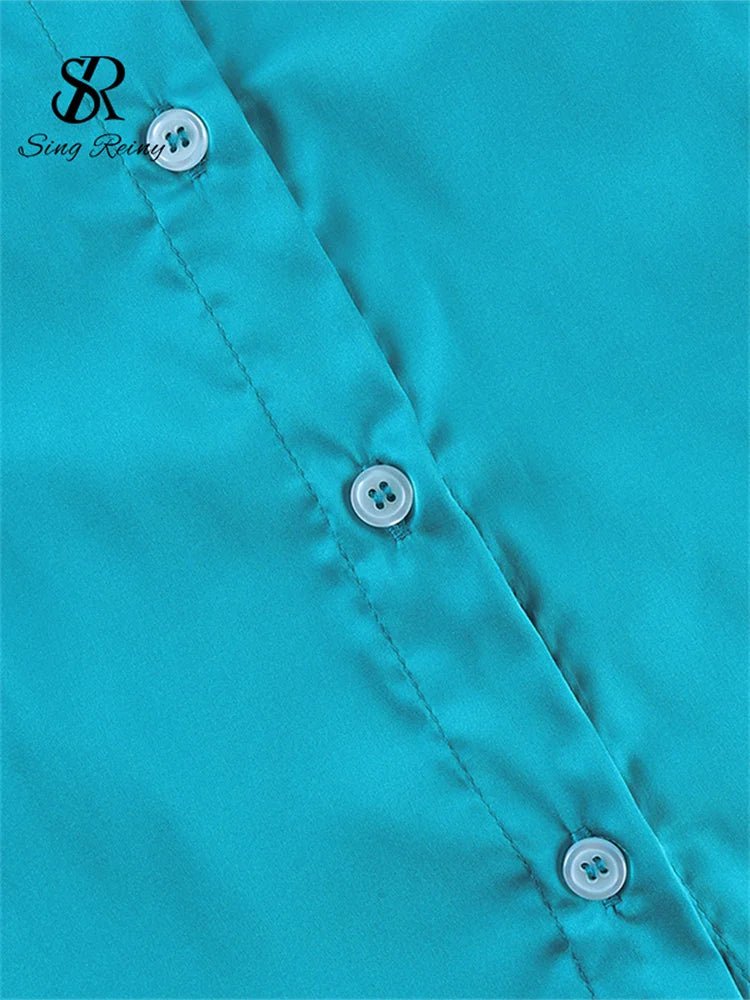 Slim Fit Satin Long Sleeve Button-Up Blouse for Women