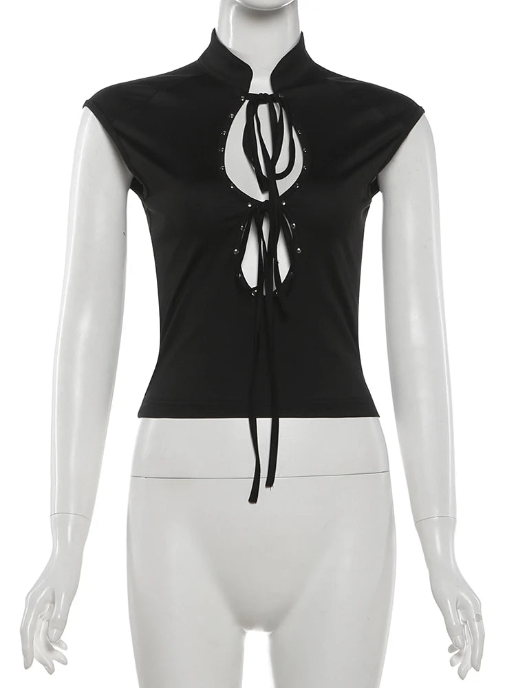 Rivet Stand Collar Cutout Bandage Tank Top for Women