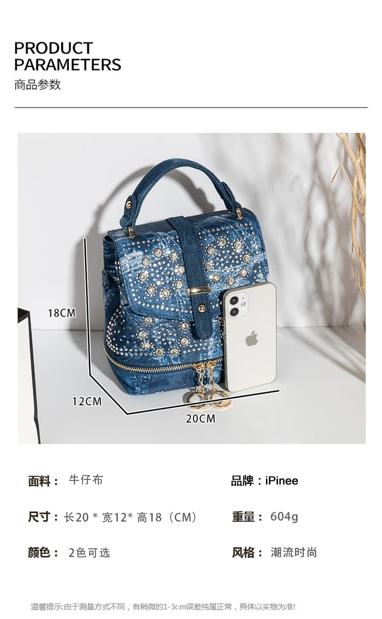 Diamond Embellished Denim Multiway Backpack for Women