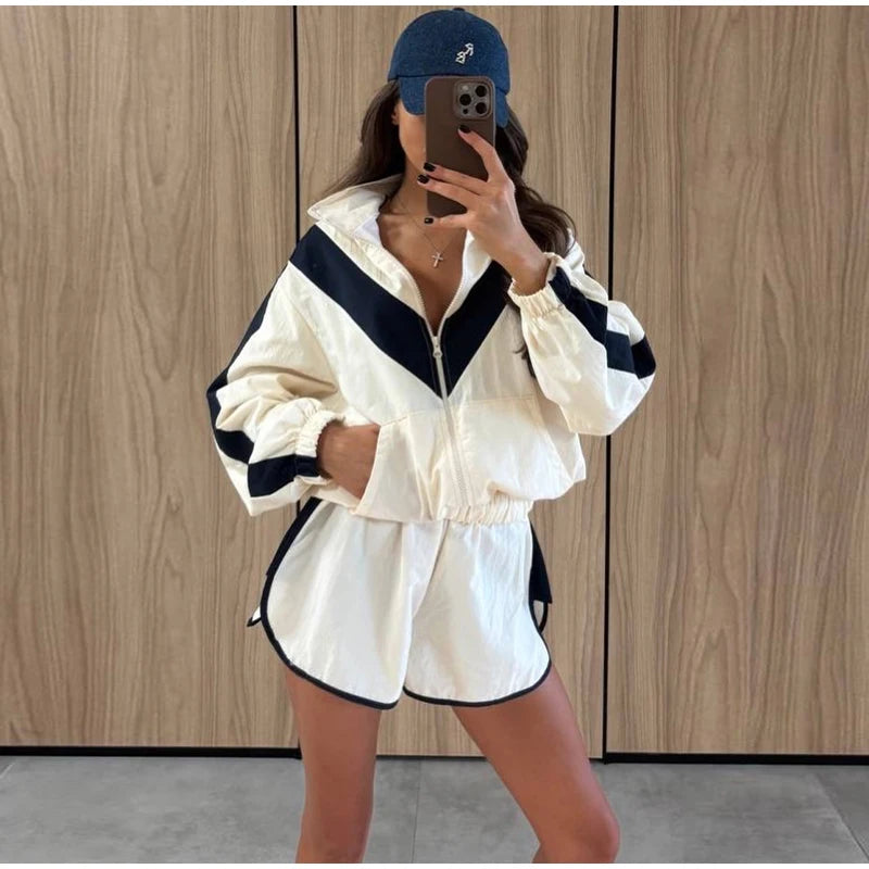 Color Block Zip Jacket and Shorts Tracksuit for Women