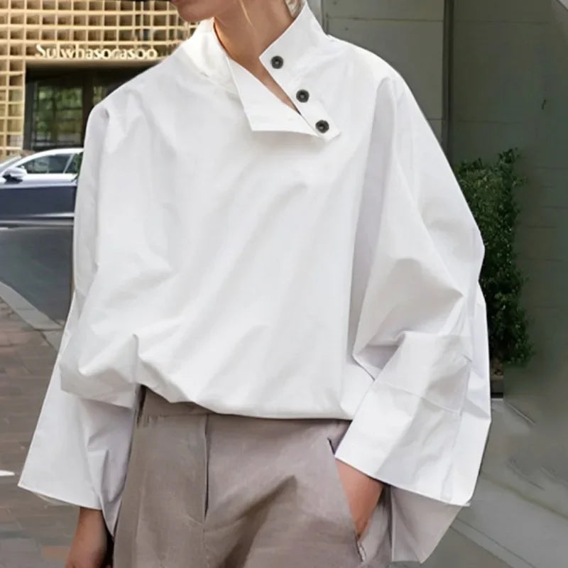 Beautyblue Women's Ubran Blouses White Shirts Tops Fashion Cotton Stand Collar Loose Long Sleeves Buttons Simple Women Clothing