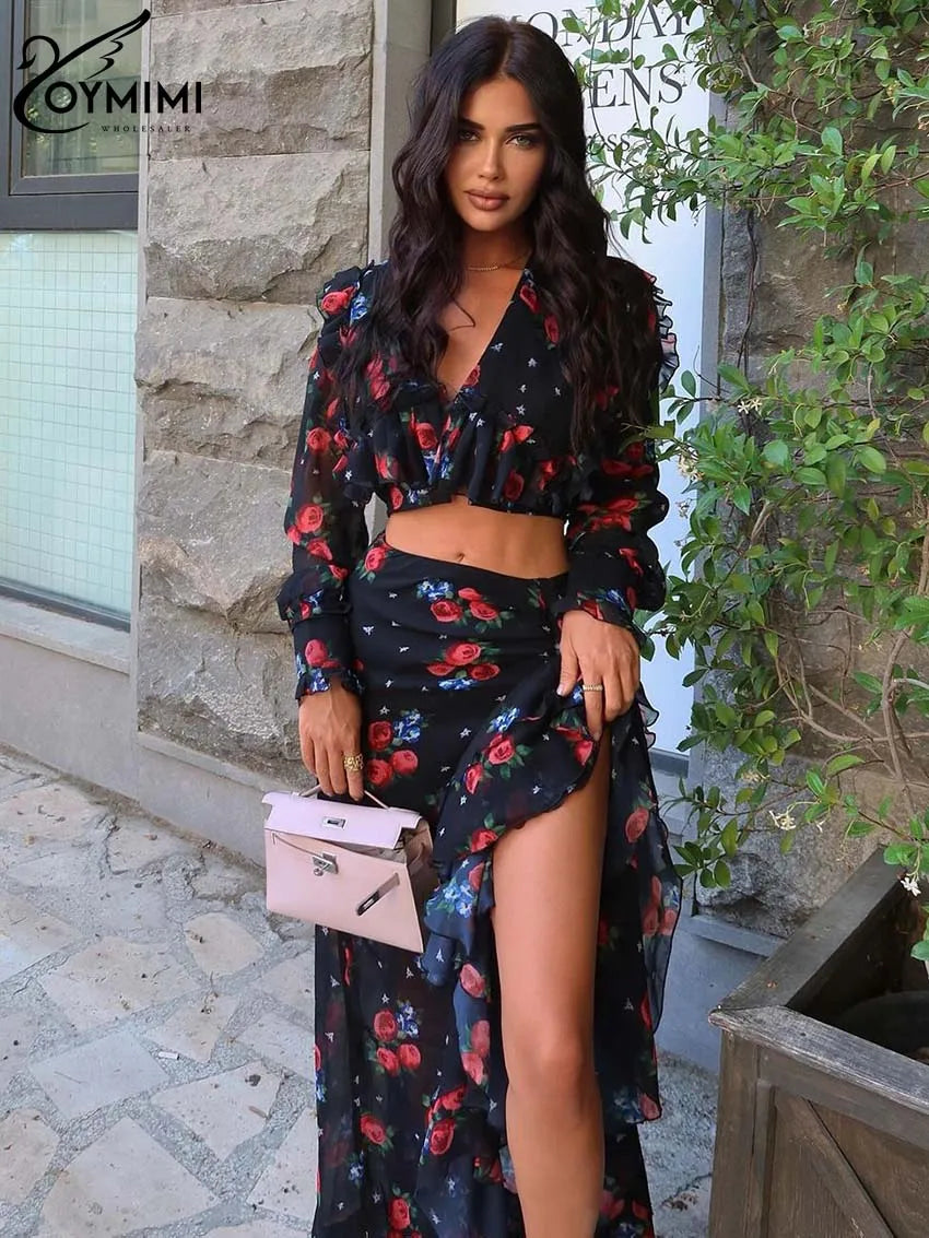 Oymimi Elegant Black Print Two Piece Set For Women Fashion Ruffled Long Sleeve Crop Shirts And Side Slit Floor-Length Skirts Set