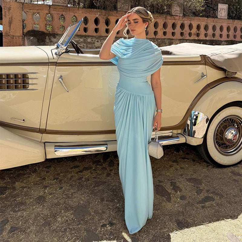 Blue Pleated Shawl Maxi Dress Women Elegant Short Sleeve Slim Fit Evening Party Robe 2025 Autumn Summer Chic Solid New Vestidos