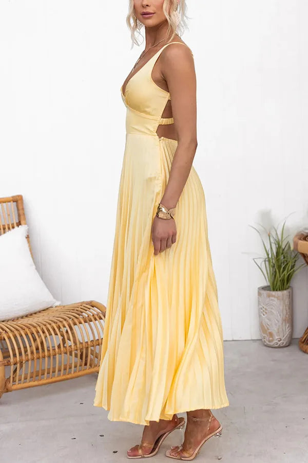 Fashion V-Neck Holiday Long Dress Summer Elegant Strap Loose Solid Sleeveless Party Dress Women High Waist Solid Pleat Dresses