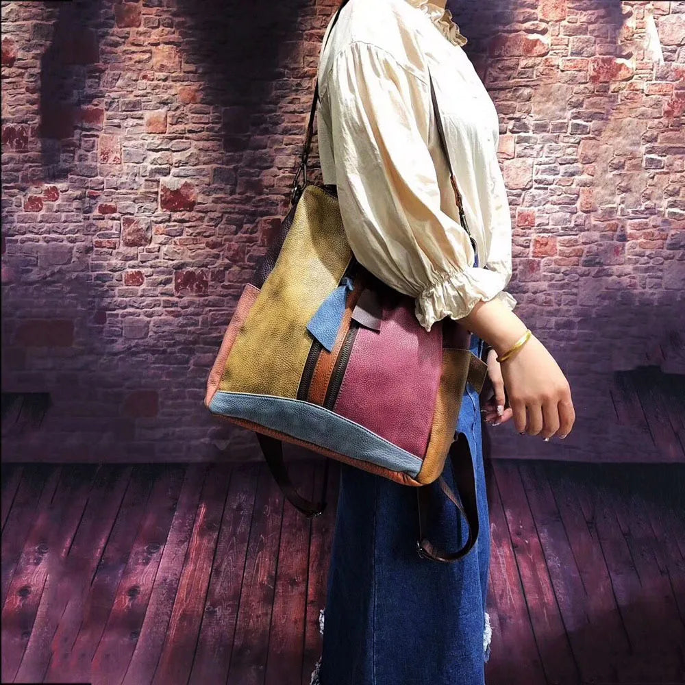 ABQP New Women's Backpack Luxury Brand Genuine Leather Handmade Color Women's Backpack Large Capacity Travel Leisure Backpack