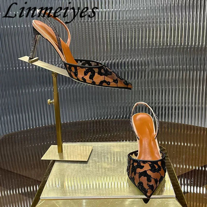 Rhinestone Mesh Pointed Toe Pumps