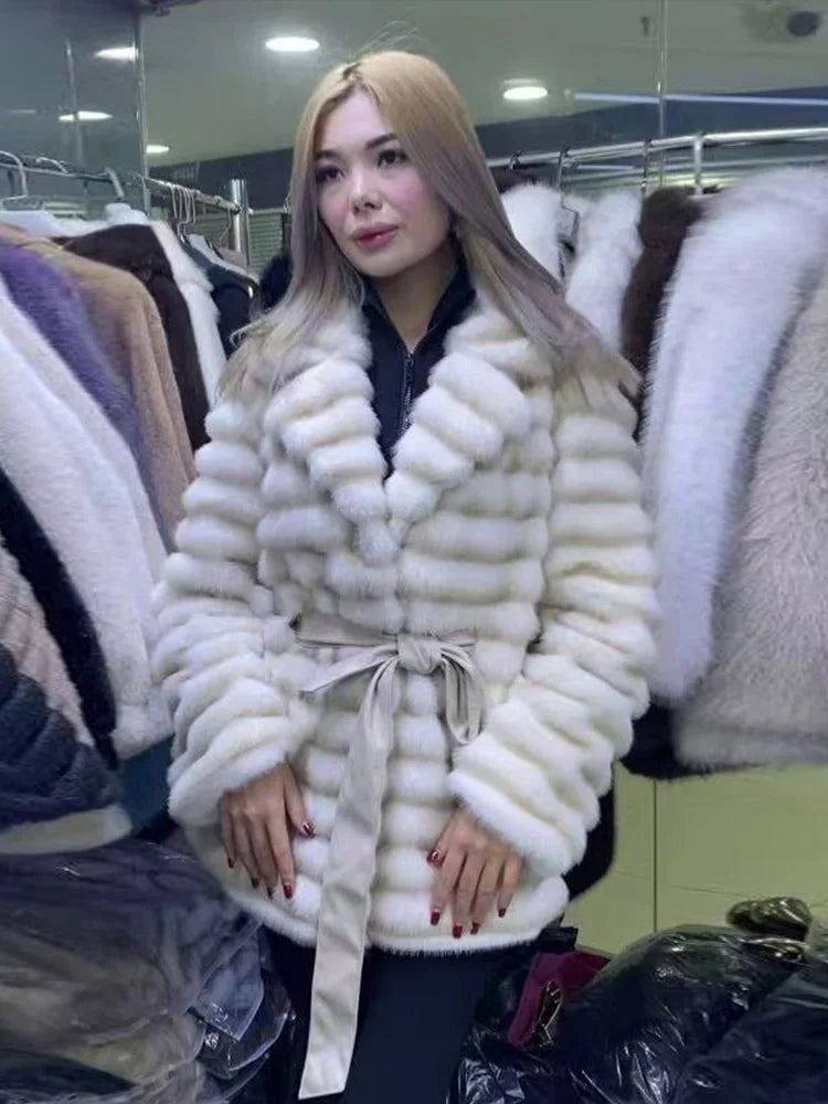 Faux Fur Belted Lapel Coat With Lace Up Front for Women