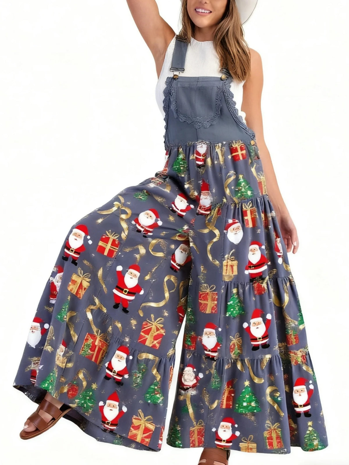 Christmas Print Wide Leg Lace Patchwork Jumpsuit for Women