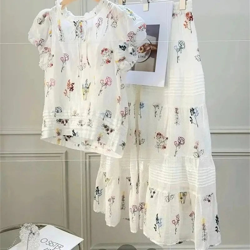Floral Print Puff Sleeve Blouse and Patchwork Midi Skirt Two Piece Set for Women
