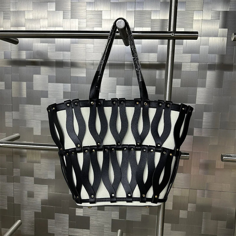 Hollow Fashion Woven Shoulder Bag Brand Retro Large Capacity Tote Bag Texture Contrast Color Canvas Handbag Beach Bag Women Bag